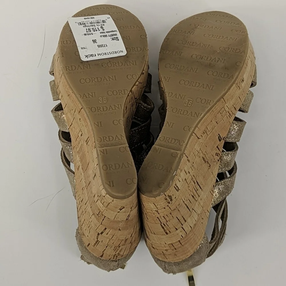 NWT CORDANI Metallic Leather Cork Wedge Sandals